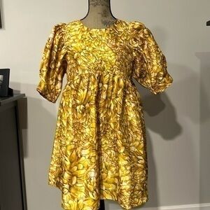 Kika Vargas gold yellow floral baby doll dress poof sleeves & pockets medium